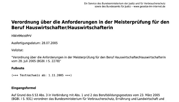 Verordnung über die Anforderungen in der Meisterprüfung für den Beruf Hauswirtschafter/Hauswirtschafterin